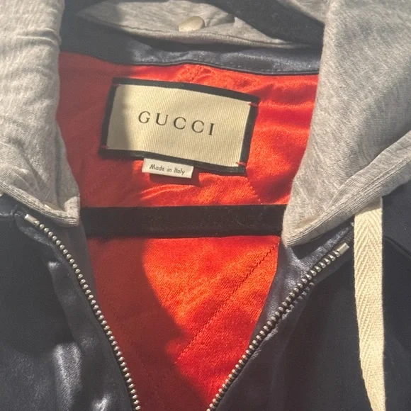 Gucci Dark Blue Satin Jacket with Light Gray Hood